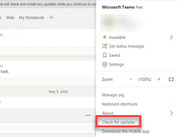 Microsoft Teams Tre punkter Sök efter uppdateringar Min
