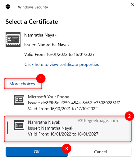 Windows Securiyt Seleziona Certificato di firma Min