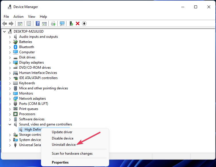 Параметр «Удалить устройство» приводит к сбою службы Windows Audio в Windows 11.