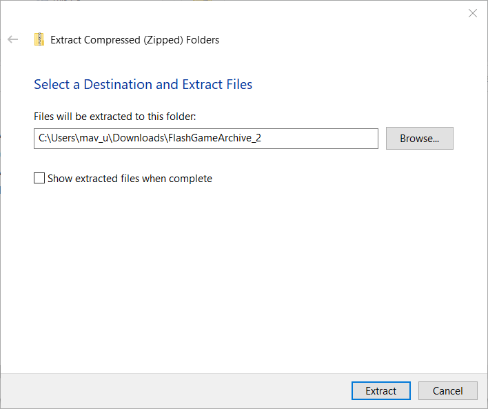 „Extract Compressed“ langas, kaip žaisti „Adobe Flash“ žaidimus be „Adobe Flash“
