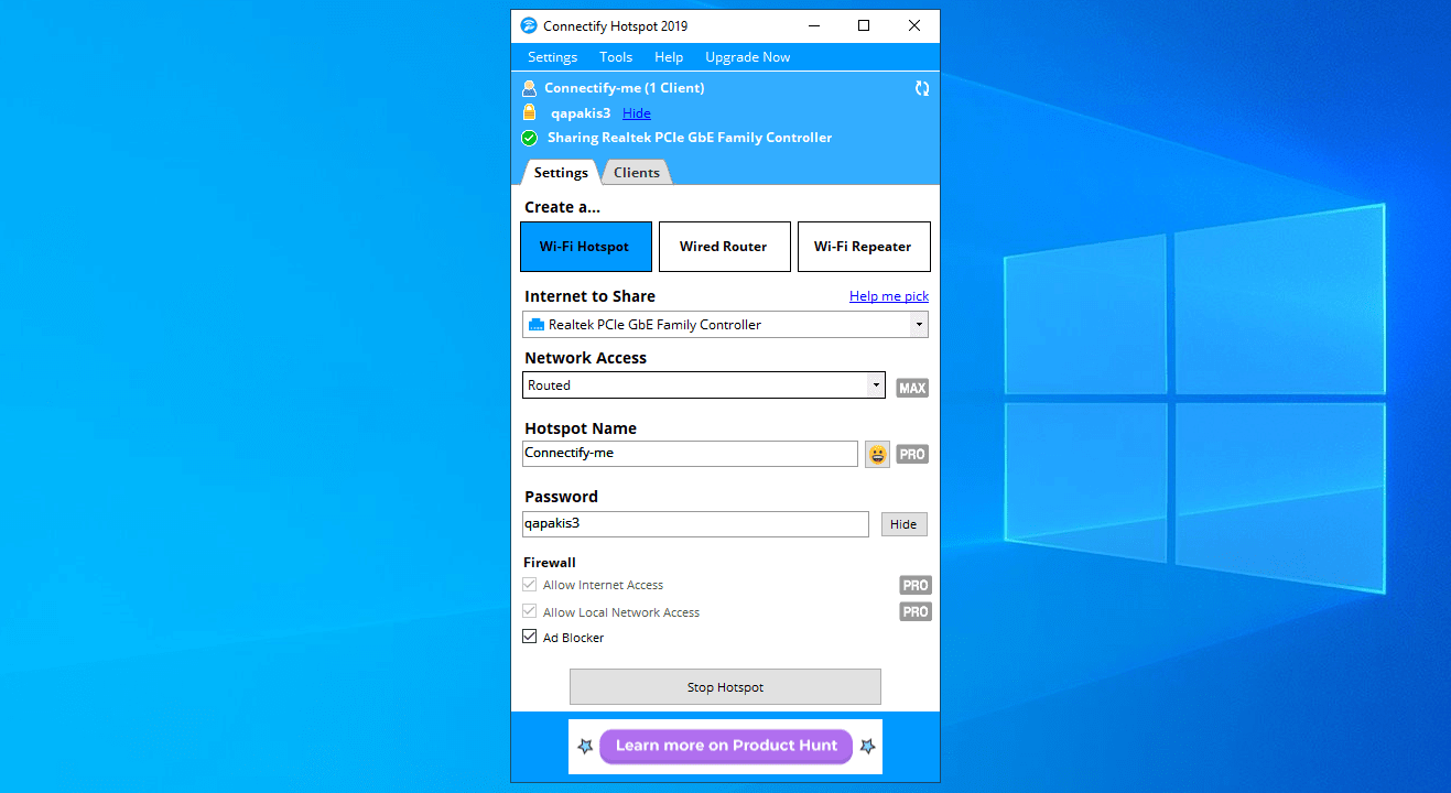 หน้าต่างหลักของ Connectify Hotspot