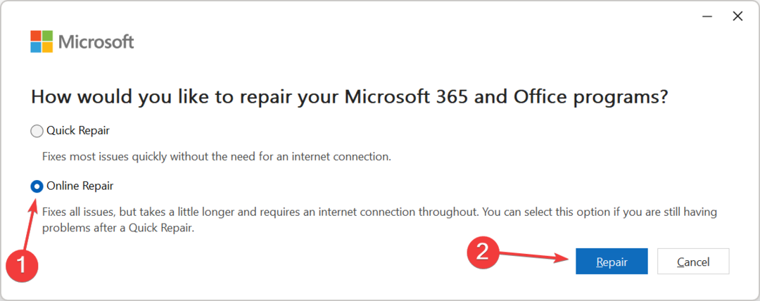 Microsoft 365 を修正するためのオンライン修復は、Office アドインを個別に取得できないように構成されています