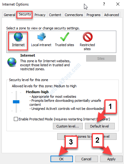 Internet Options Security Tab Internet المستوى الافتراضي تطبيق طيب