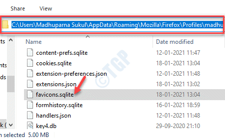 File Explorer Navigoi profiiliin Mozilla Firefox -kansiossa Favicons.sqlite File Delete