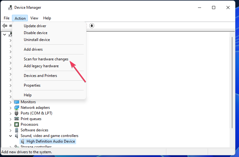 Meklēt aparatūras izmaiņu opciju Windows audio pakalpojums, kas avarē Windows 11