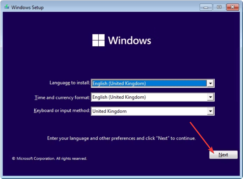 בחירת זמן שפת מקלדת הגדרת Windows לחץ על הבא