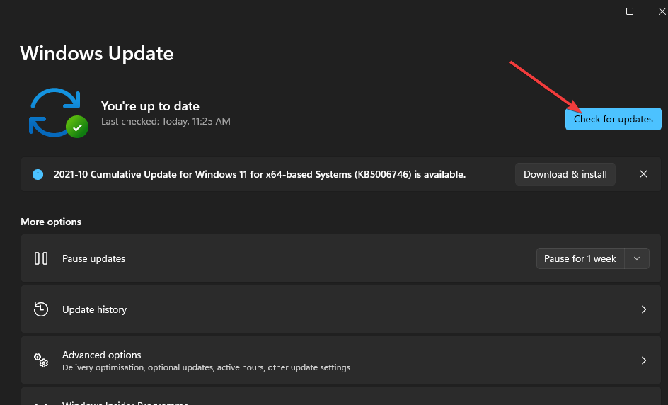 Кнопка «Проверить наличие обновлений» Windows 11 история буфера обмена не работает