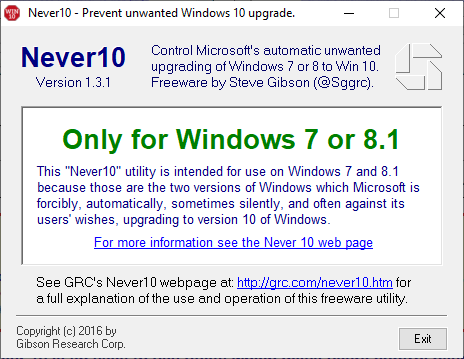 Forhindre installation af Windows 10 never10