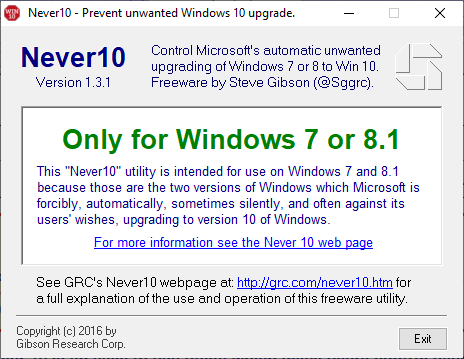 Empêcher l'installation de Windows 10 never10