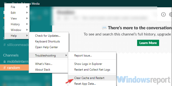 Slack 재설정 캐시 데스크톱 클라이언트 Slack은 파일을 업로드 할 수 없습니다.