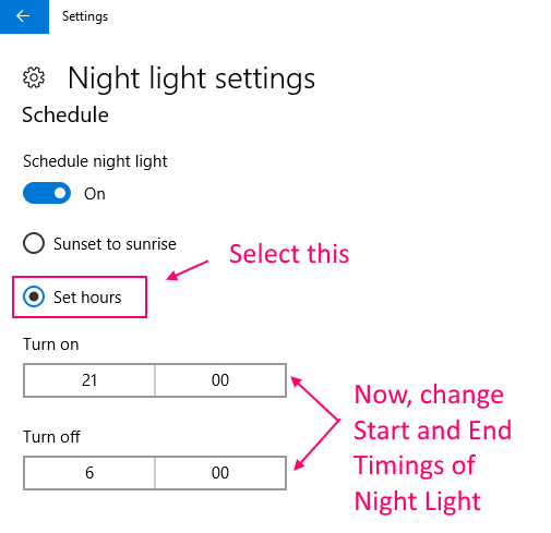 Öövalgustuse ajastuse muutmine Windows 10 1