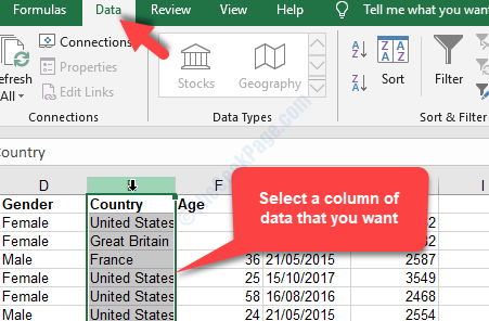 Excel-tiedoston tiedot -välilehti Valitse jäsennettävä sarake