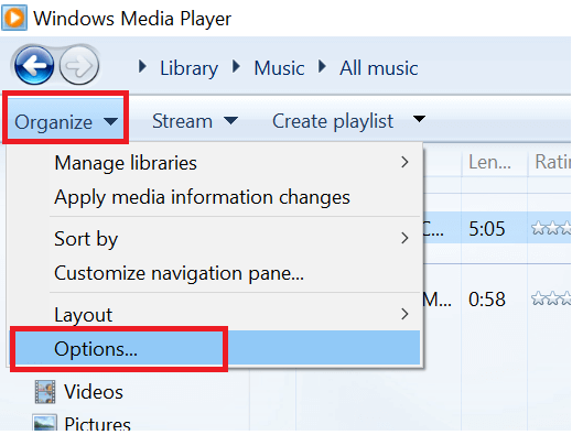 Windows Media Player - Järjestä - Asetukset