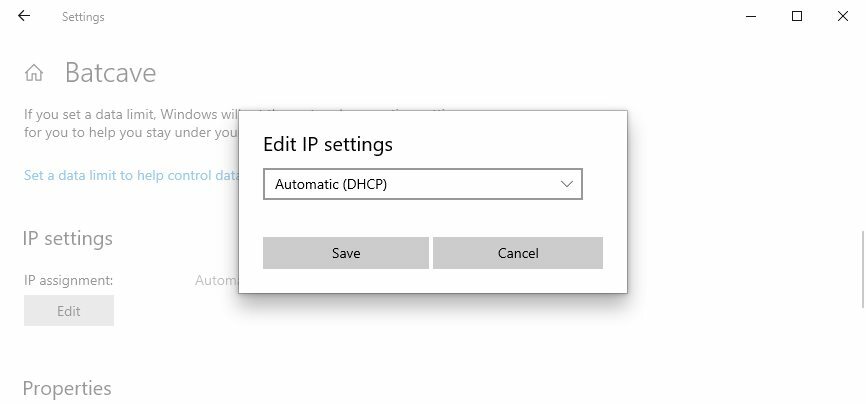 Windows 10에서 DHCP 자동 IP 설정 지정