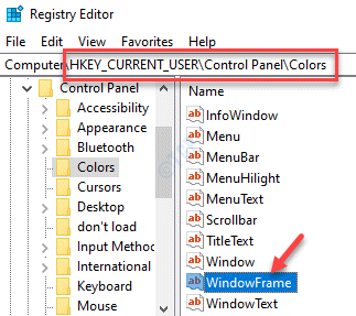Editor databázy Registry Prejdite na Colors Windowframe