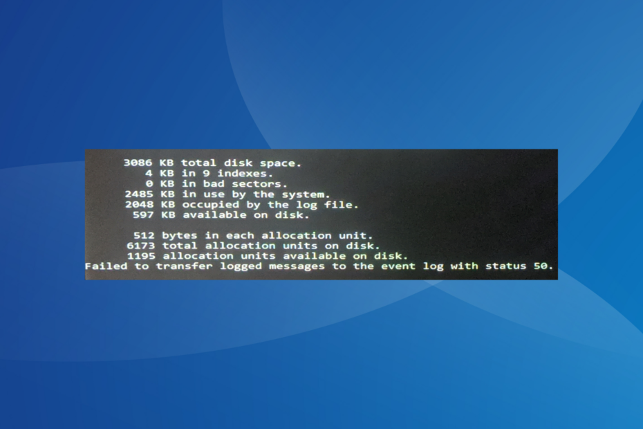 popravak nije uspio prenijeti zabilježene poruke u zapisnik događaja sa statusom 50 u sustavu Windows
