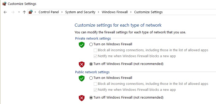 disattiva il firewall di Windows per PC