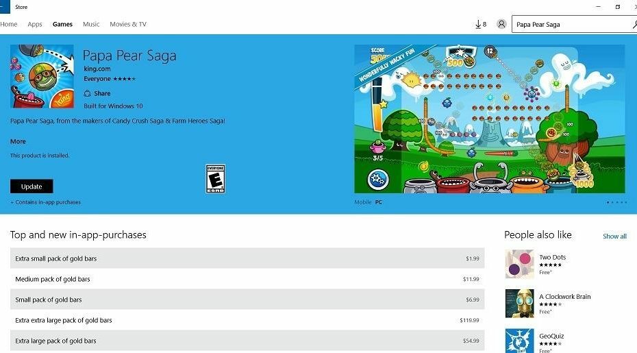 Papa Pear Saga per Windows 10 ottiene il suo primo aggiornamento
