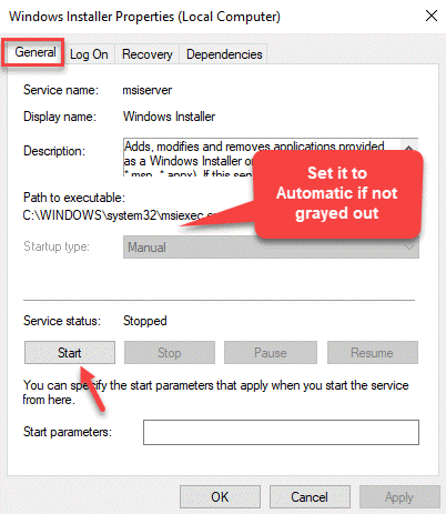 Windows Installer Eigenschappen Algemeen Opstarttype Handmatig starten Toepassen Ok