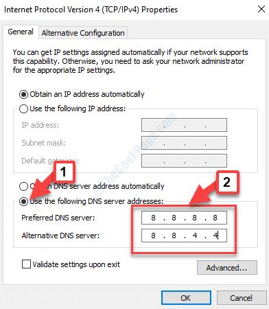 الخصائص الاستخدام العام لعناوين خادم DNS التالية تحقق من إضافة خادم DNS المفضل و Alternetive