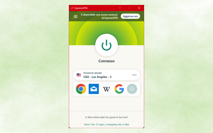 ExpressVPN Connesso מודעות לשרת