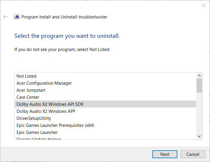 Списък със софтуер в инструмента за отстраняване на неизправности при инсталиране на програма не може да деинсталира join.me