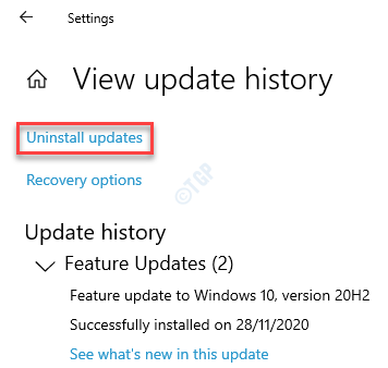 Ρυθμίσεις Windows Update Προβολή ιστορικού ενημερώσεων Κατάργηση εγκατάστασης ενημερώσεων