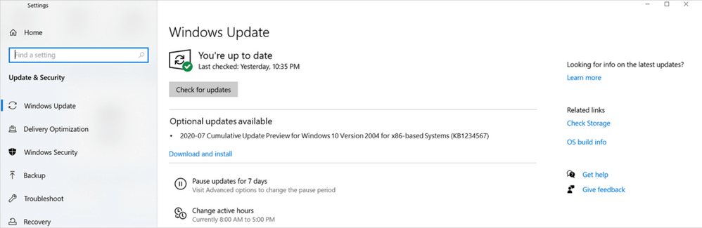 Příklad volitelné aktualizace Windows 10