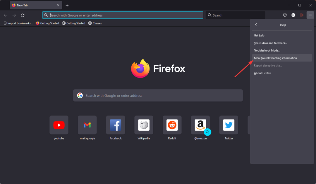 klõpsates rohkem veaotsingu teavet Firefox