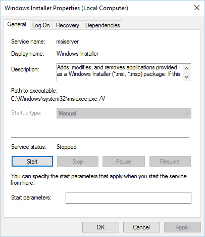 paleiskite „Windows Installer“ paslaugos diegimą
