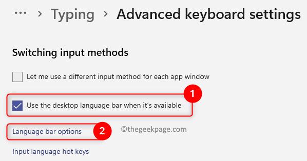 Configuración avanzada del teclado Marcar Usar opciones de la barra de idioma del escritorio Mín.