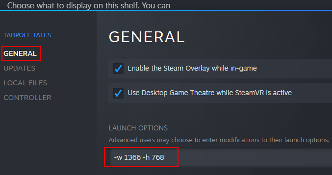 Palaidiet opcijas Steam Min