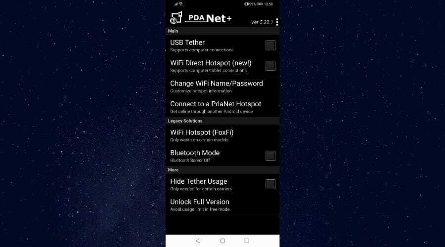 Tela principal do Android PdaNet +