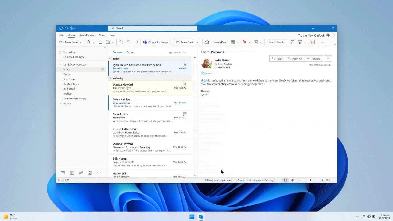 Щракнете върху превключвателя Нов Outlook, за да изпробвате новите функции.