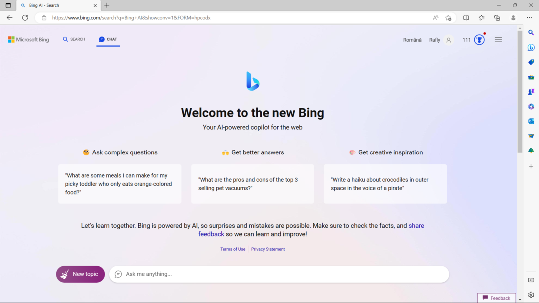 „Bing AI“ pokalbių robotas pasiekė 100 milijonų kasdienių vartotojų