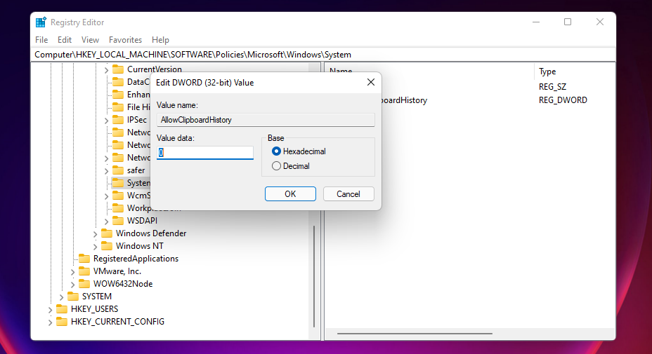 Edytuj DWORD (32-bit) Okno wartości Windows 11 Historia schowka nie działa