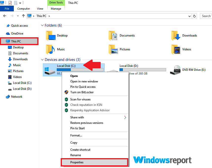 „Windows“ šiame disko ypatybių lange rado klaidų