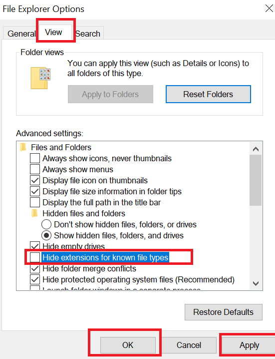 Opsi File Explorer - Lihat tab- Tampilkan Ekstensi