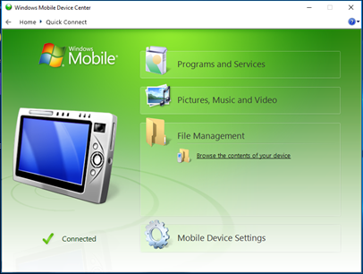 หน้าต่างการกำหนดค่าอุปกรณ์ของ Windows mobile device center