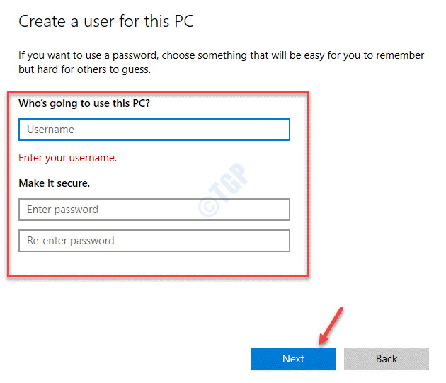 Créer un utilisateur pour ce PC Créer un nom d'utilisateur et un mot de passe Suivant