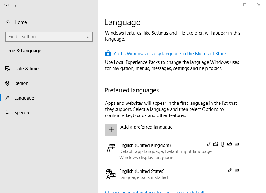 Klaviatuuri paigutuse eemaldamise vahekaart Keel Windows 10-s