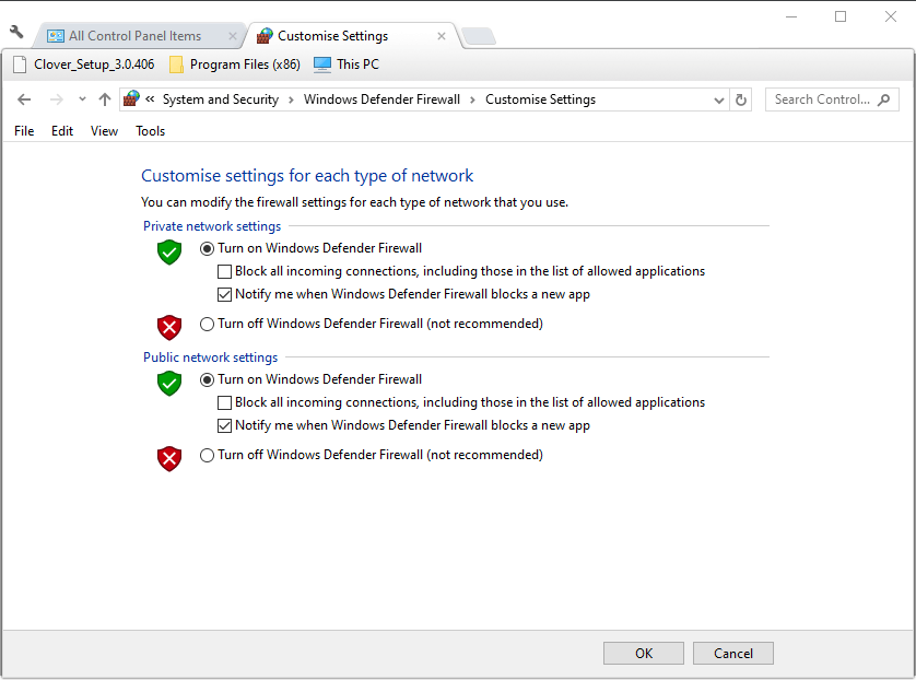 ปิดตัวเลือกไฟร์วอลล์ Windows Defender ซึ่งจะทำให้การดำเนินการไม่เสร็จสิ้น