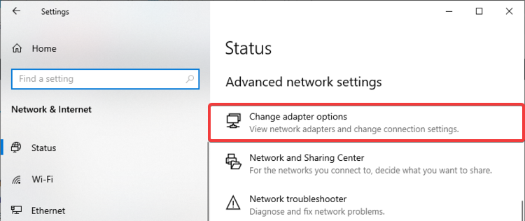 O Windows 10 mostra as opções de mudança do adaptador