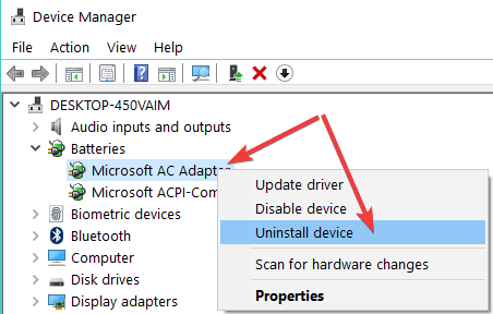 ถอนการติดตั้ง Microsoft AC adapter
