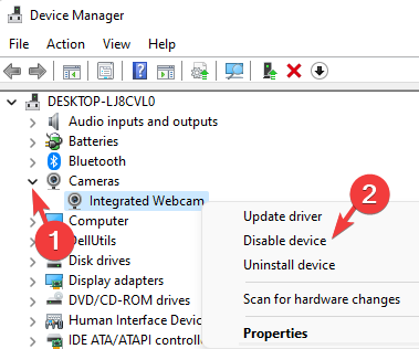 Højreklik på Integrated Webcam og vælg Disable