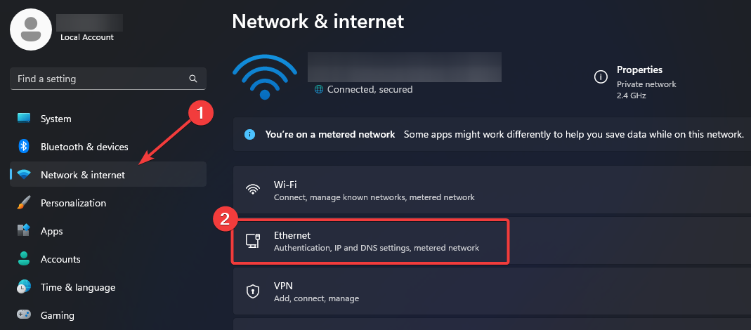 Configurações de internet de rede