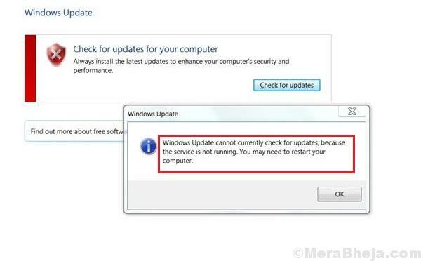 No momento, o Windows Update não pode verificar se há atualizações, porque o serviço não está em execução. Pode ser necessário reiniciar o sistema.