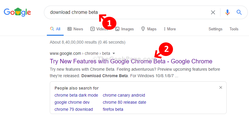 Google Търсене Изтеглете Chrome Beta Кликнете върху 1-ви резултат