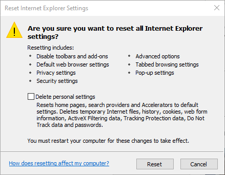 Resetiranje prozora Internet Explorer Settings Internet Explorer koji ne vodi povijest