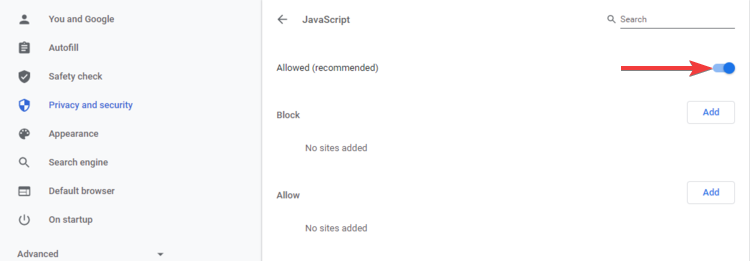 Chrome viser JavaScript tillatt
